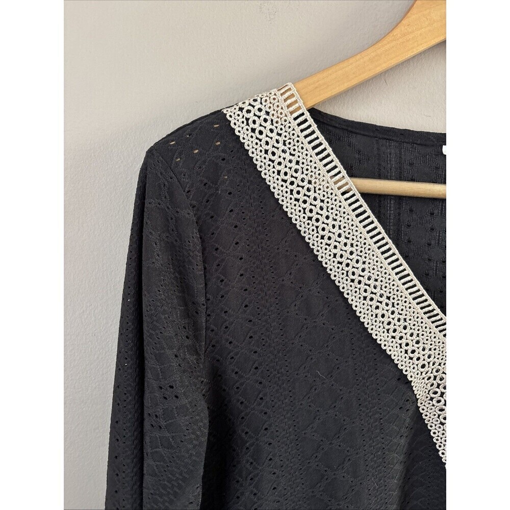 Women's Black Lace Blouse M Long Sleeve Stretch Tan Lace Accent Sheer Dressy Top - Picture 3 of 8